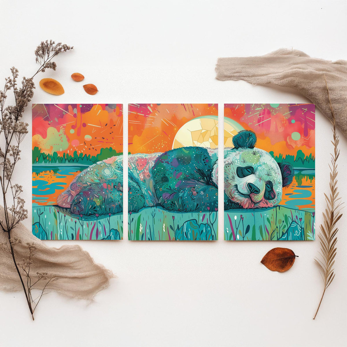 Sleeping Panda Set of Three Art Prints - 3 Boho Meadow Sunset Posters - Teal Coral Wildlife Nature Painting Decor