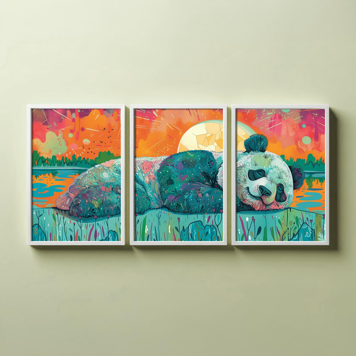 Sleeping Panda Set of Three Art Prints - 3 Boho Meadow Sunset Posters - Teal Coral Wildlife Nature Painting Decor