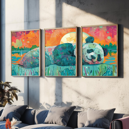 Sleeping Panda Set of Three Art Prints - 3 Boho Meadow Sunset Posters - Teal Coral Wildlife Nature Painting Decor