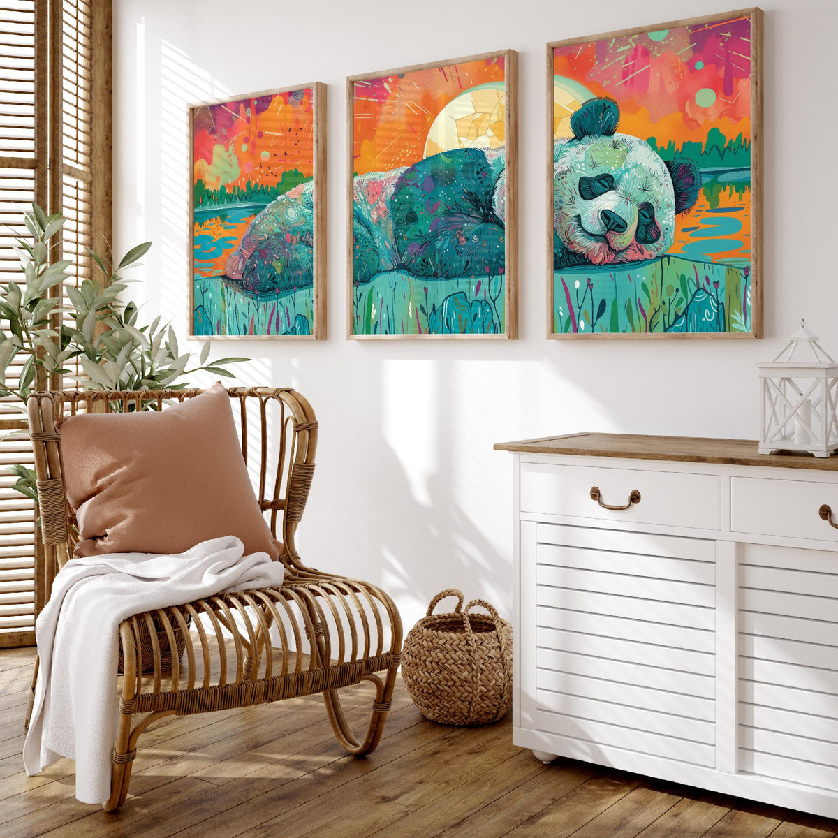 Sleeping Panda Set of Three Art Prints - 3 Boho Meadow Sunset Posters - Teal Coral Wildlife Nature Painting Decor