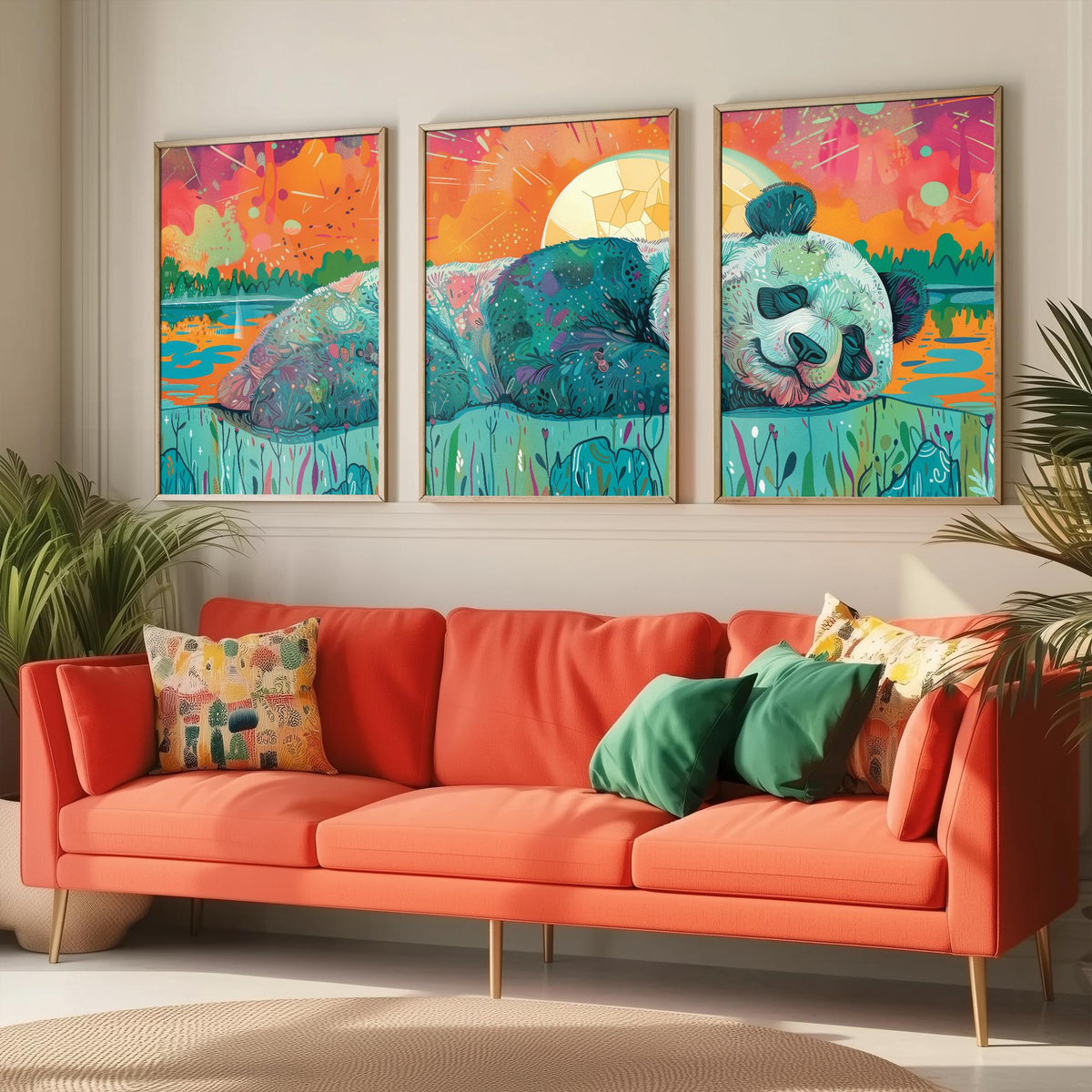 Sleeping Panda Set of Three Art Prints - 3 Boho Meadow Sunset Posters - Teal Coral Wildlife Nature Painting Decor