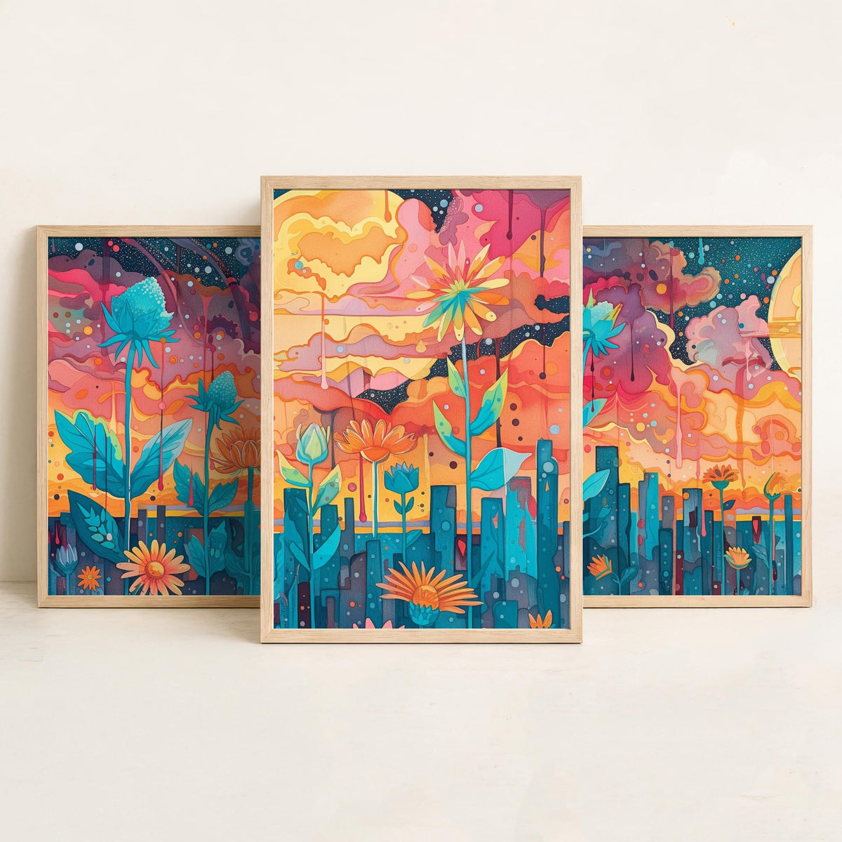 Surreal Flower Garden Set of Three Art Prints - 3 Celestial Planet Bloom Posters - Boho Floral Night Painting Decor