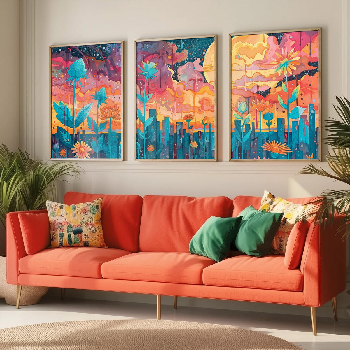 Surreal Flower Garden Set of Three Art Prints - 3 Celestial Planet Bloom Posters - Boho Floral Night Painting Decor