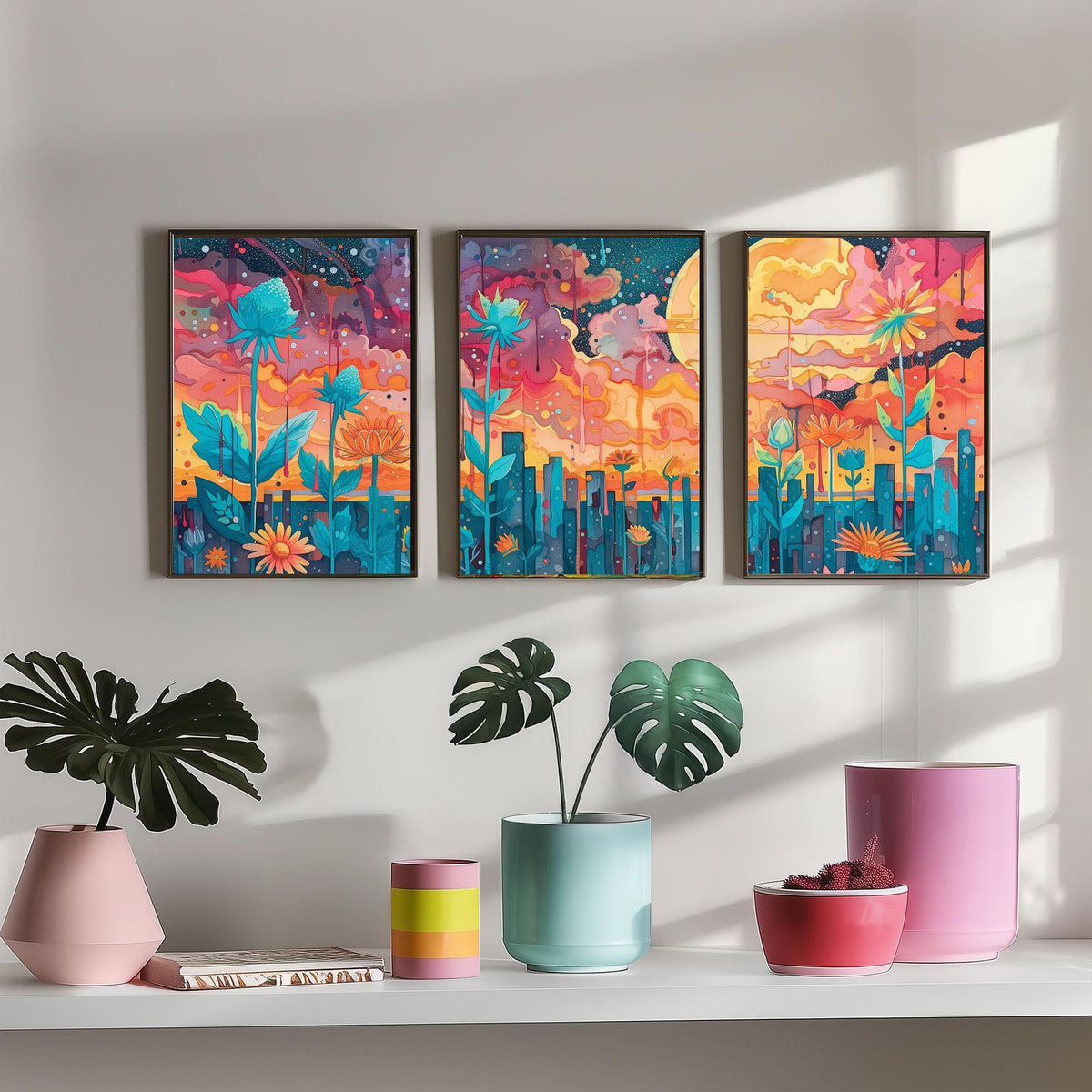 Surreal Flower Garden Set of Three Art Prints - 3 Celestial Planet Bloom Posters - Boho Floral Night Painting Decor