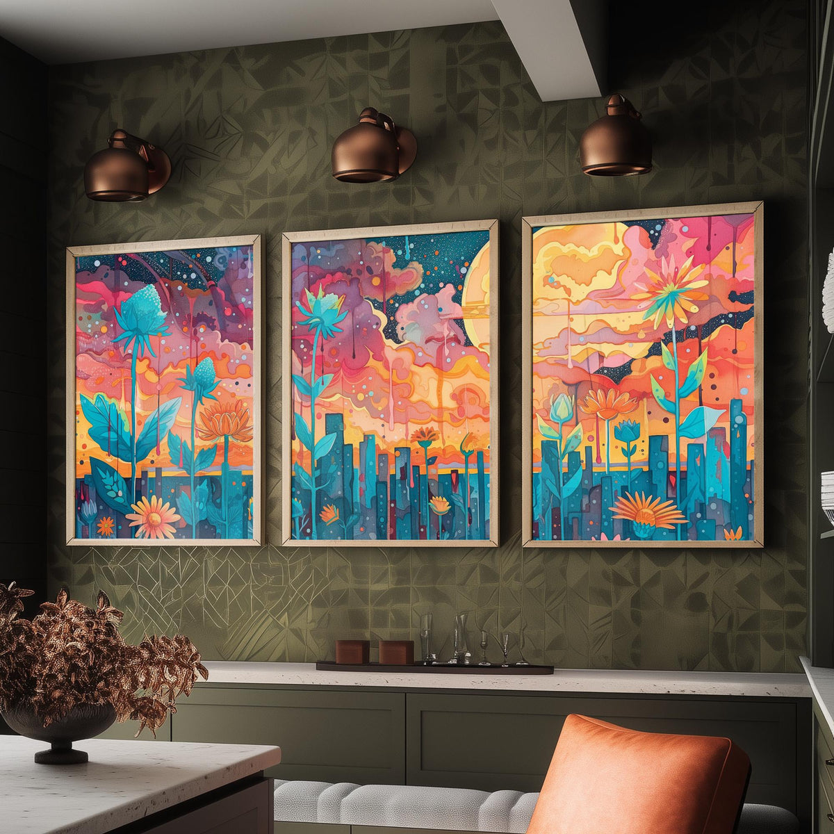 Surreal Flower Garden Set of Three Art Prints - 3 Celestial Planet Bloom Posters - Boho Floral Night Painting Decor