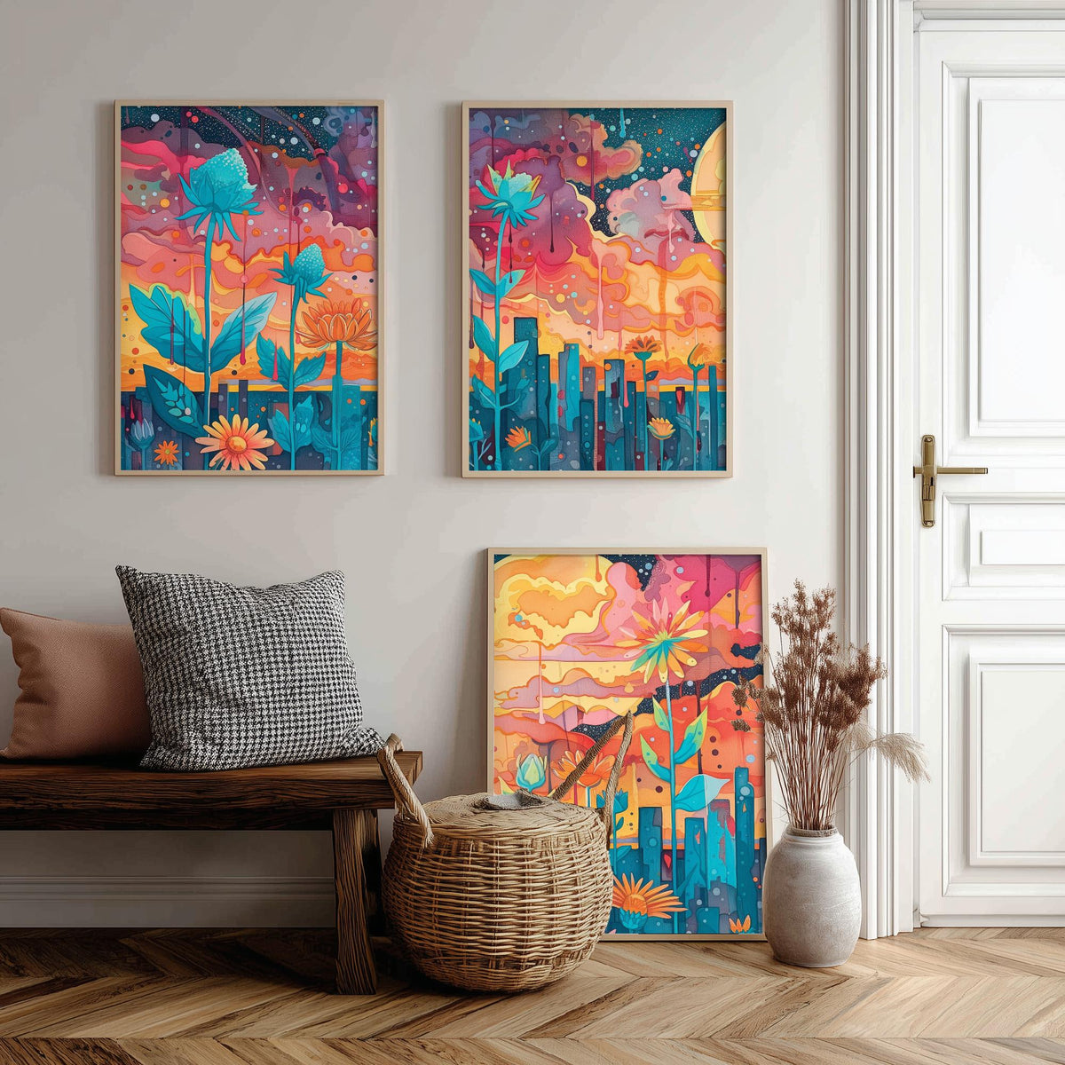 Surreal Flower Garden Set of Three Art Prints - 3 Celestial Planet Bloom Posters - Boho Floral Night Painting Decor