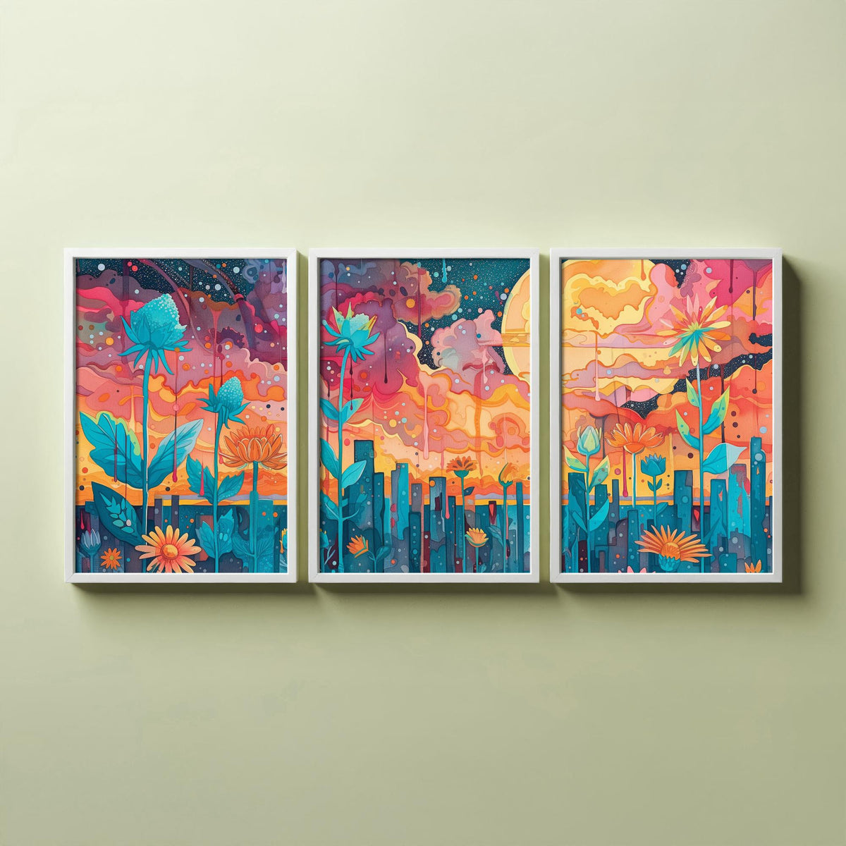 Surreal Flower Garden Set of Three Art Prints - 3 Celestial Planet Bloom Posters - Boho Floral Night Painting Decor
