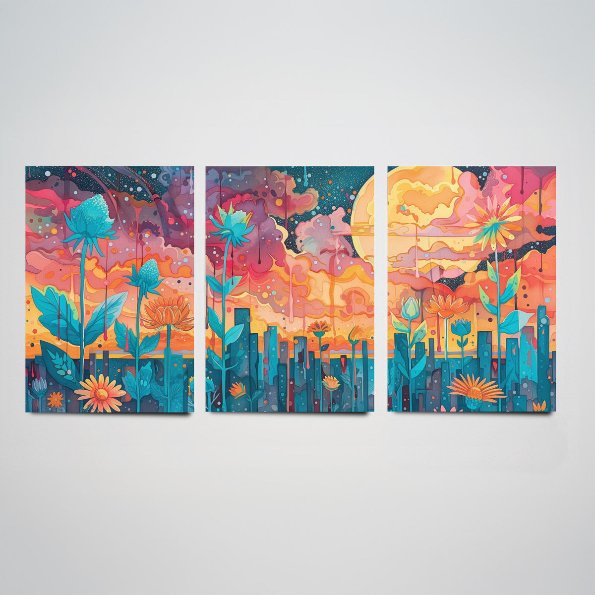 Surreal Flower Garden Set of Three Art Prints - 3 Celestial Planet Bloom Posters - Boho Floral Night Painting Decor