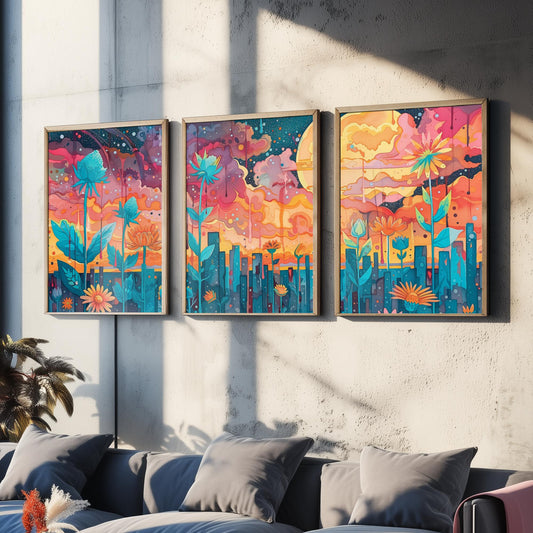 Surreal Flower Garden Set of Three Art Prints - 3 Celestial Planet Bloom Posters - Boho Floral Night Painting Decor