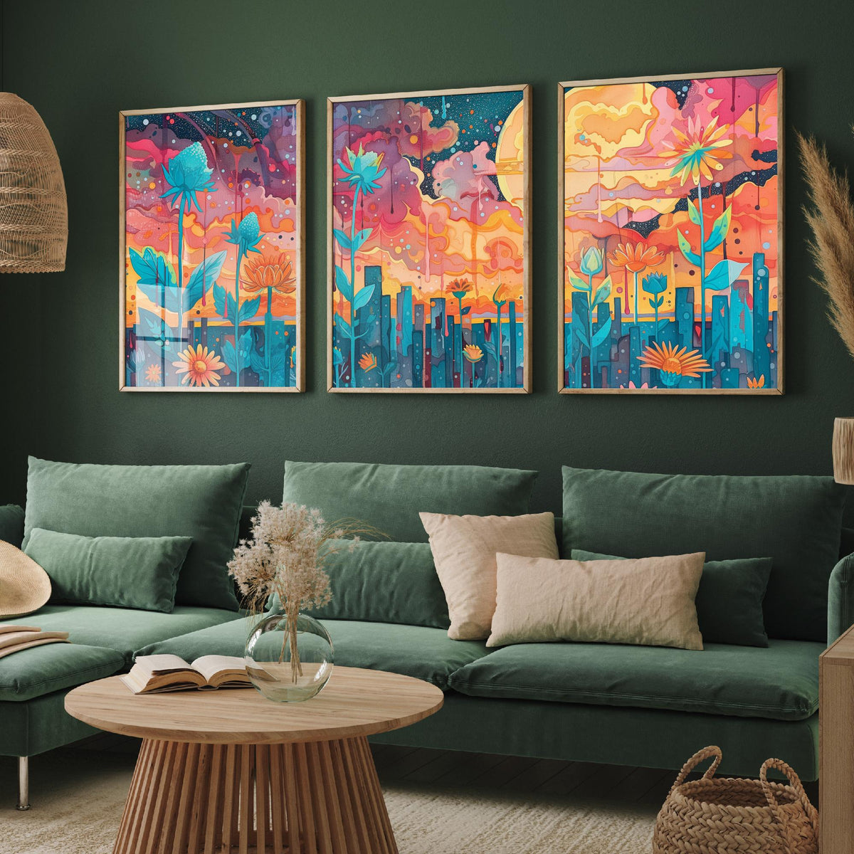 Surreal Flower Garden Set of Three Art Prints - 3 Celestial Planet Bloom Posters - Boho Floral Night Painting Decor