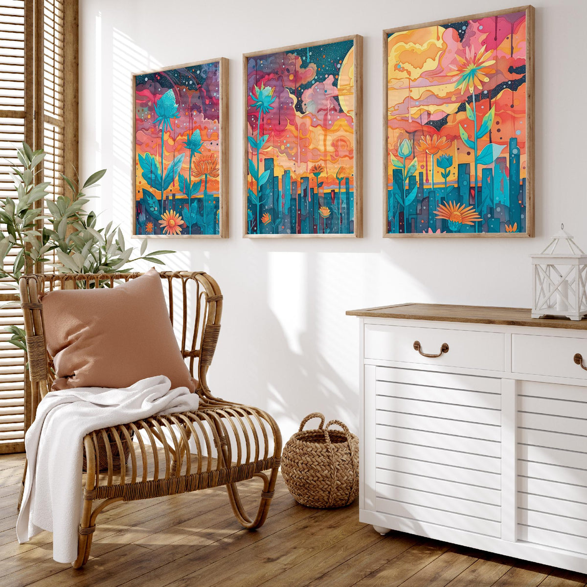 Surreal Flower Garden Set of Three Art Prints - 3 Celestial Planet Bloom Posters - Boho Floral Night Painting Decor