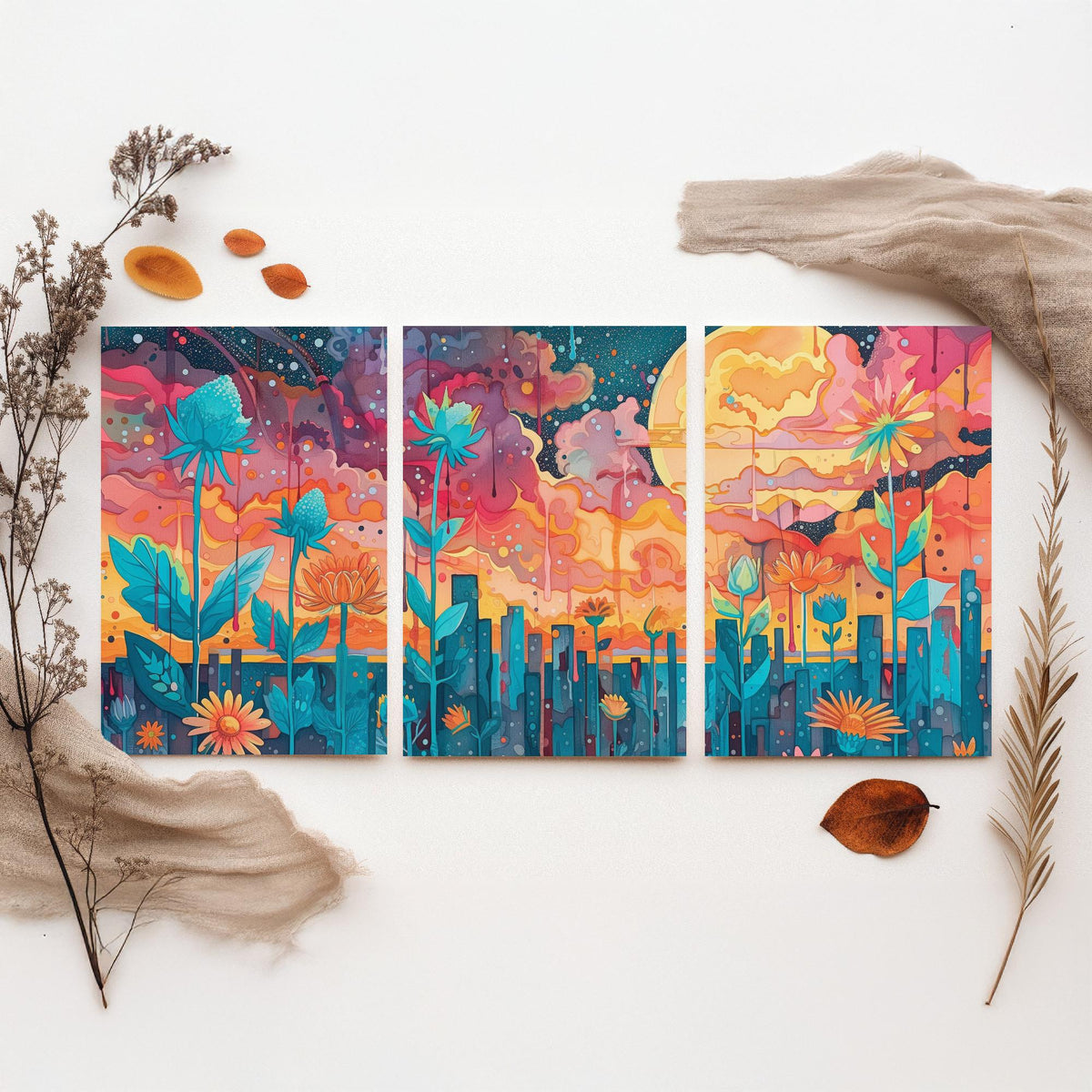 Surreal Flower Garden Set of Three Art Prints - 3 Celestial Planet Bloom Posters - Boho Floral Night Painting Decor