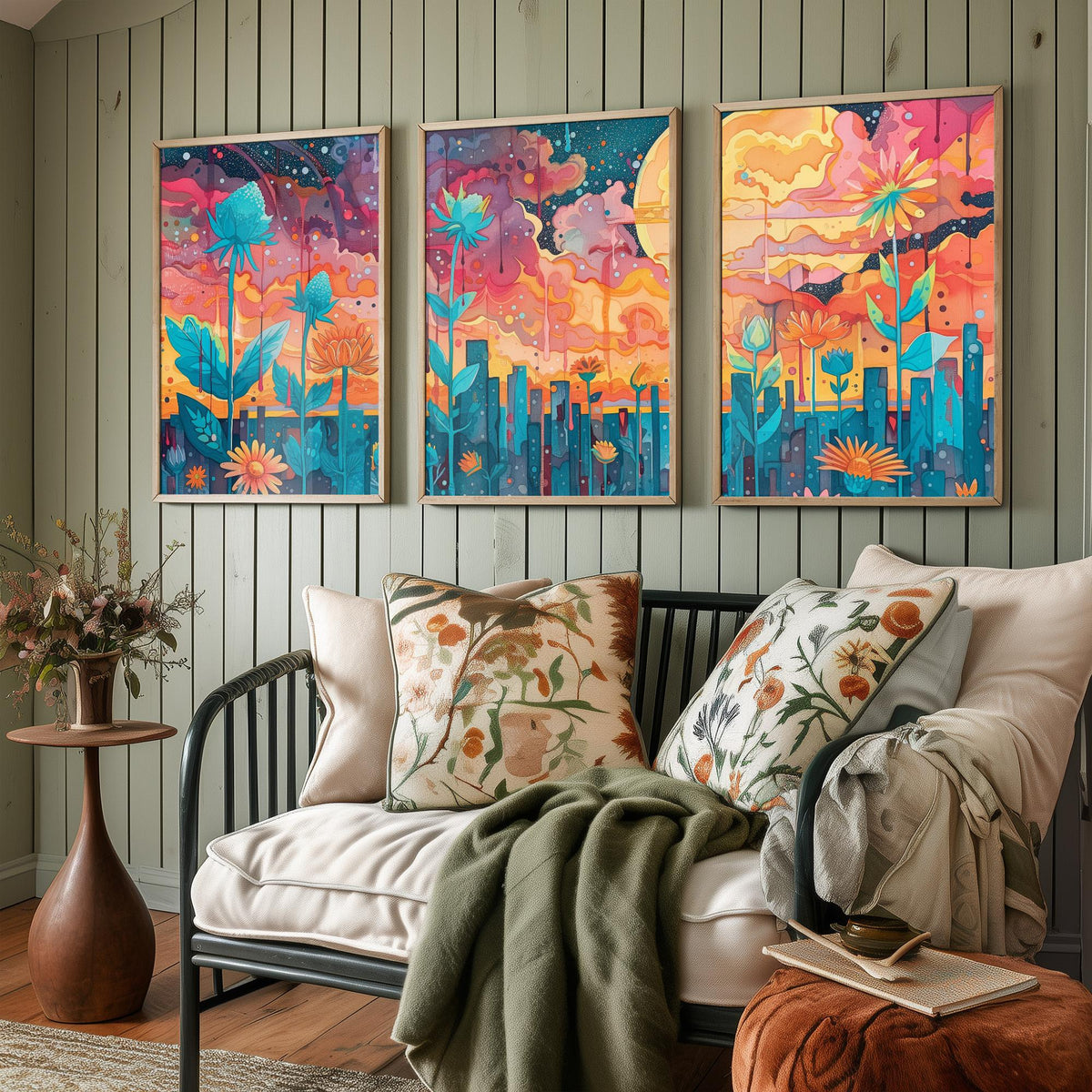 Surreal Flower Garden Set of Three Art Prints - 3 Celestial Planet Bloom Posters - Boho Floral Night Painting Decor