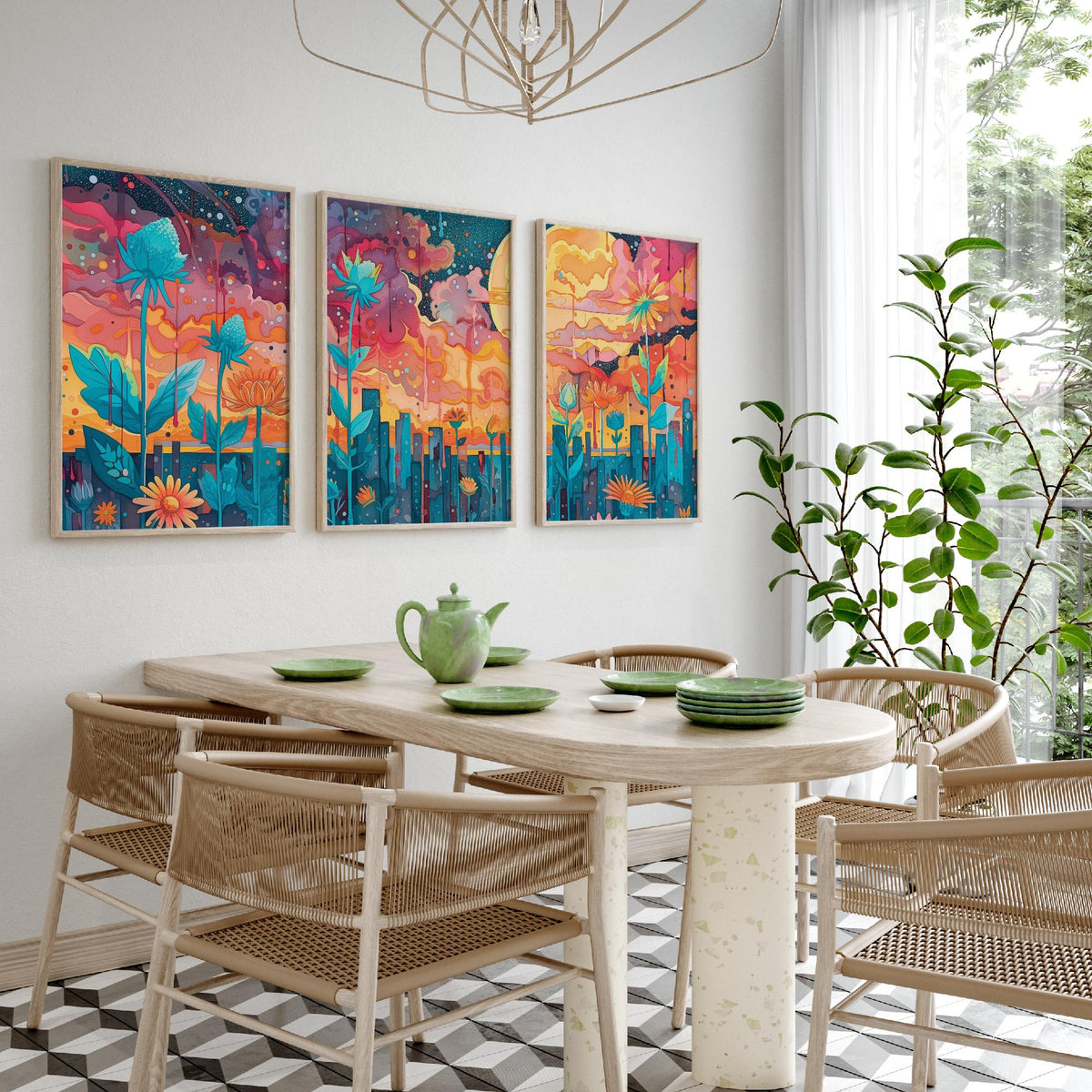 Surreal Flower Garden Set of Three Art Prints - 3 Celestial Planet Bloom Posters - Boho Floral Night Painting Decor