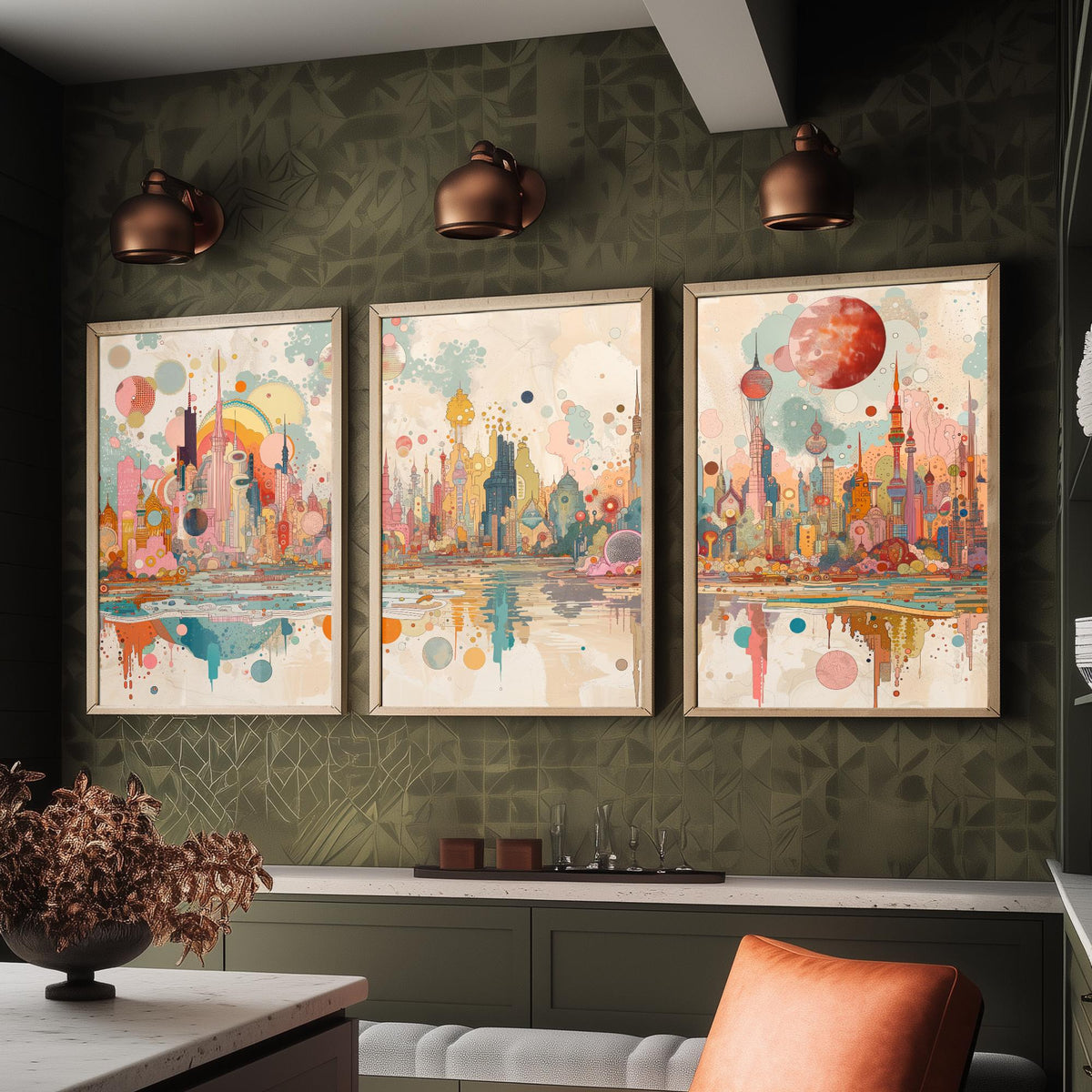 Bangkok Thailand Skyline Set of Three Prints | Baiyoke Tower Grand Palace Mahanakhon | Panoramic Cityscape Wall Art Poster Painting