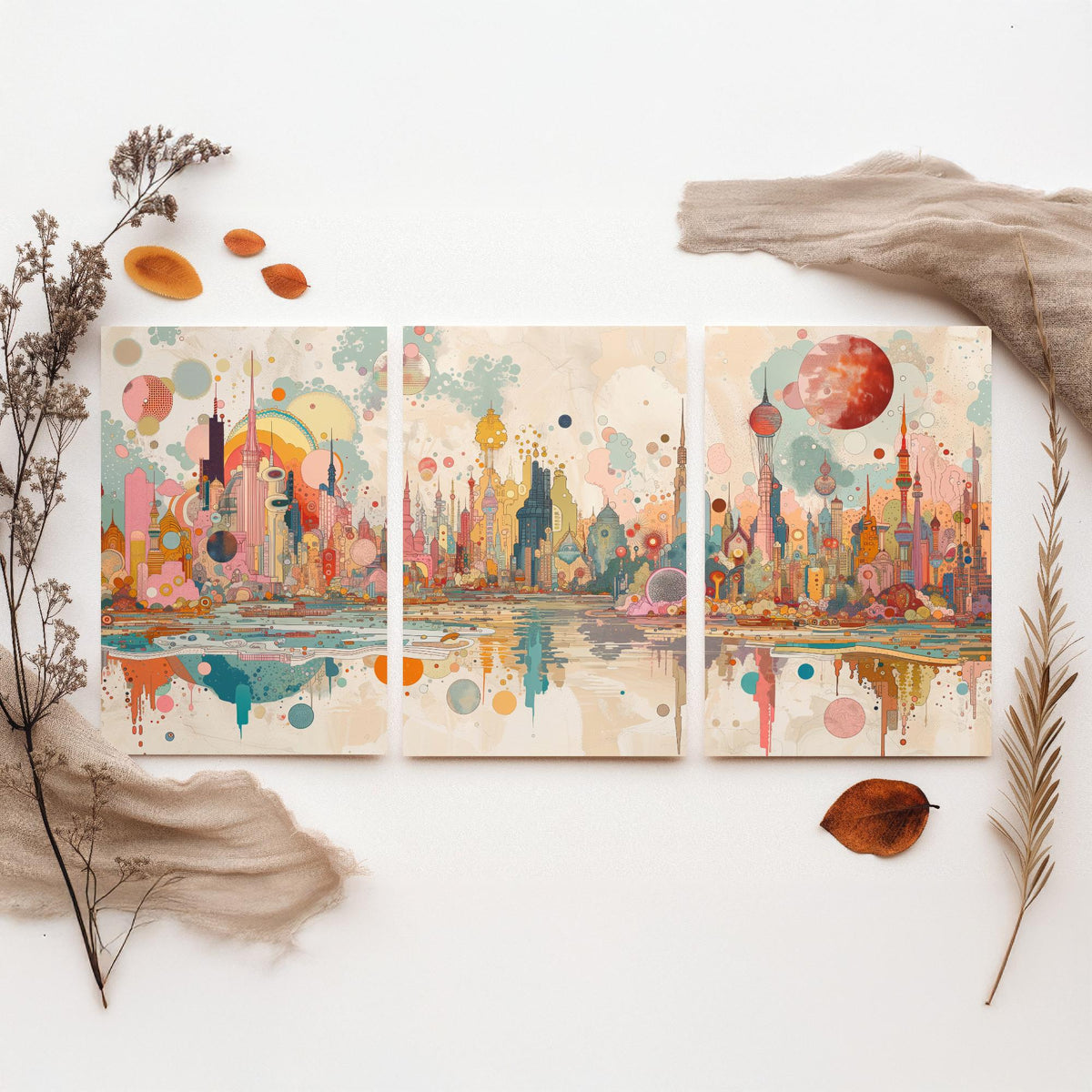 Bangkok Thailand Skyline Set of Three Prints | Baiyoke Tower Grand Palace Mahanakhon | Panoramic Cityscape Wall Art Poster Painting