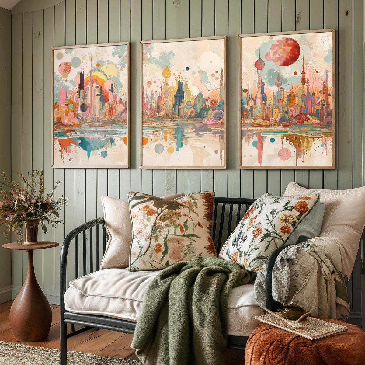 Bangkok Thailand Skyline Set of Three Prints | Baiyoke Tower Grand Palace Mahanakhon | Panoramic Cityscape Wall Art Poster Painting