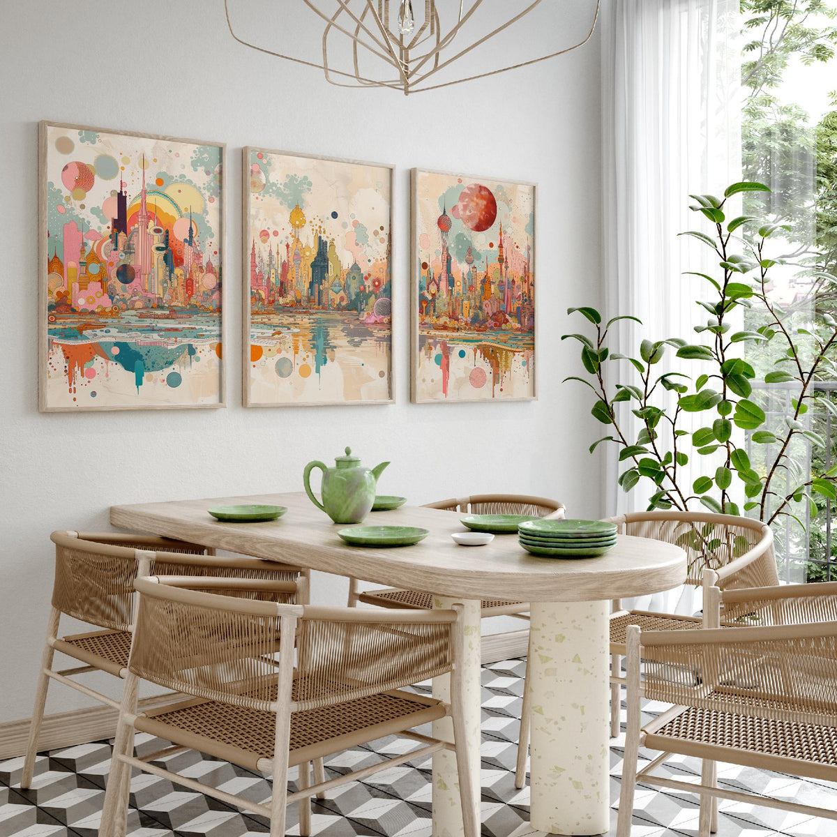 Bangkok Thailand Skyline Set of Three Prints | Baiyoke Tower Grand Palace Mahanakhon | Panoramic Cityscape Wall Art Poster Painting