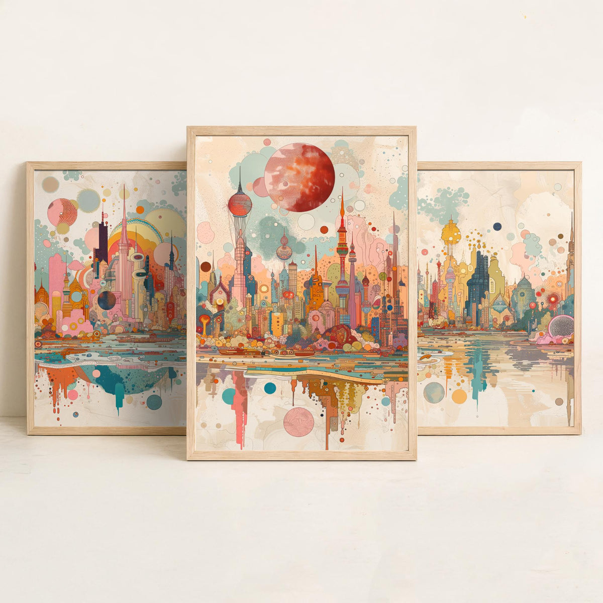 Bangkok Thailand Skyline Set of Three Prints | Baiyoke Tower Grand Palace Mahanakhon | Panoramic Cityscape Wall Art Poster Painting