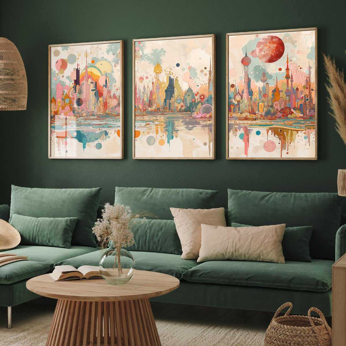 Bangkok Thailand Skyline Set of Three Prints | Baiyoke Tower Grand Palace Mahanakhon | Panoramic Cityscape Wall Art Poster Painting