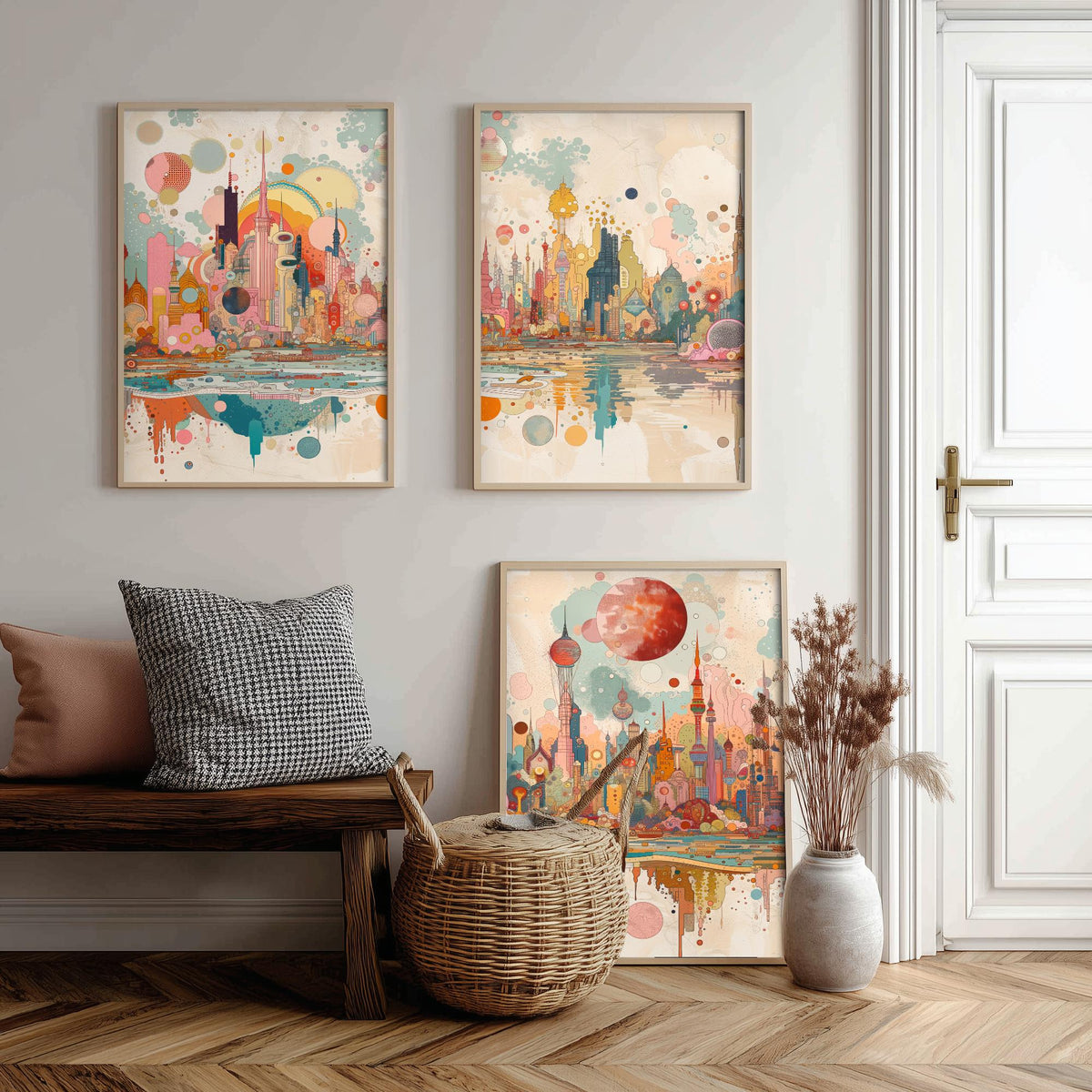 Bangkok Thailand Skyline Set of Three Prints | Baiyoke Tower Grand Palace Mahanakhon | Panoramic Cityscape Wall Art Poster Painting