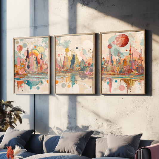Bangkok Thailand Skyline Set of Three Prints | Baiyoke Tower Grand Palace Mahanakhon | Panoramic Cityscape Wall Art Poster Painting