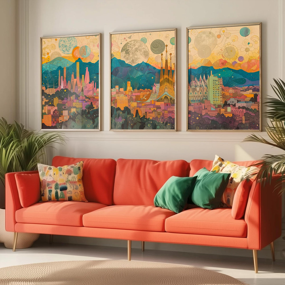 Barcelona Spain Skyline Set of Three Prints | Sagrada Familia Montjuic Tibidabo | Panoramic Cityscape Wall Art Poster Illustration