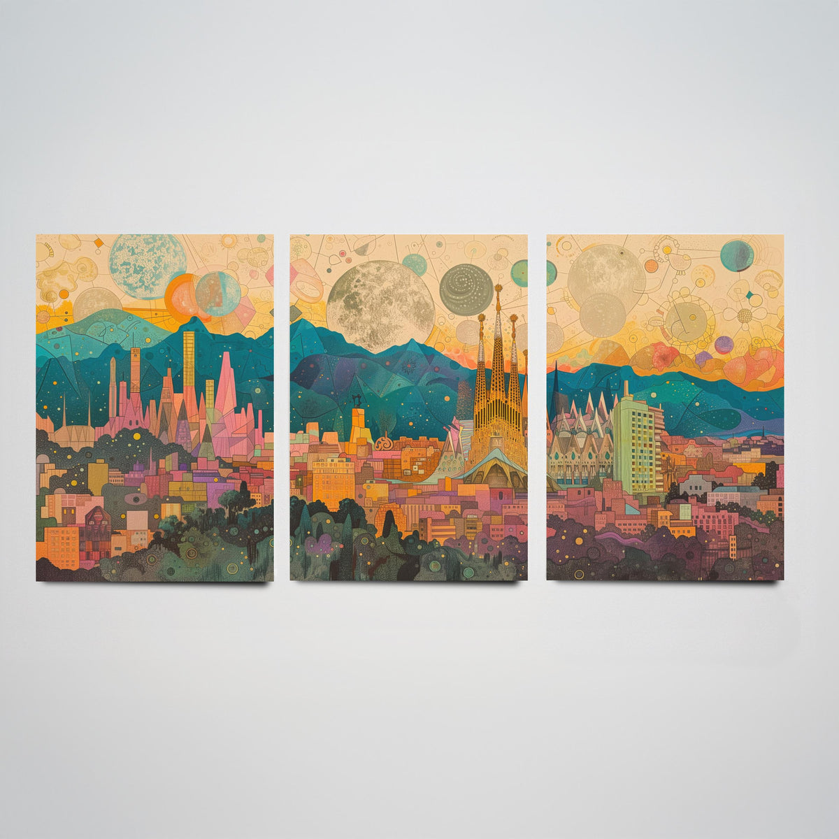 Barcelona Spain Skyline Set of Three Prints | Sagrada Familia Montjuic Tibidabo | Panoramic Cityscape Wall Art Poster Illustration