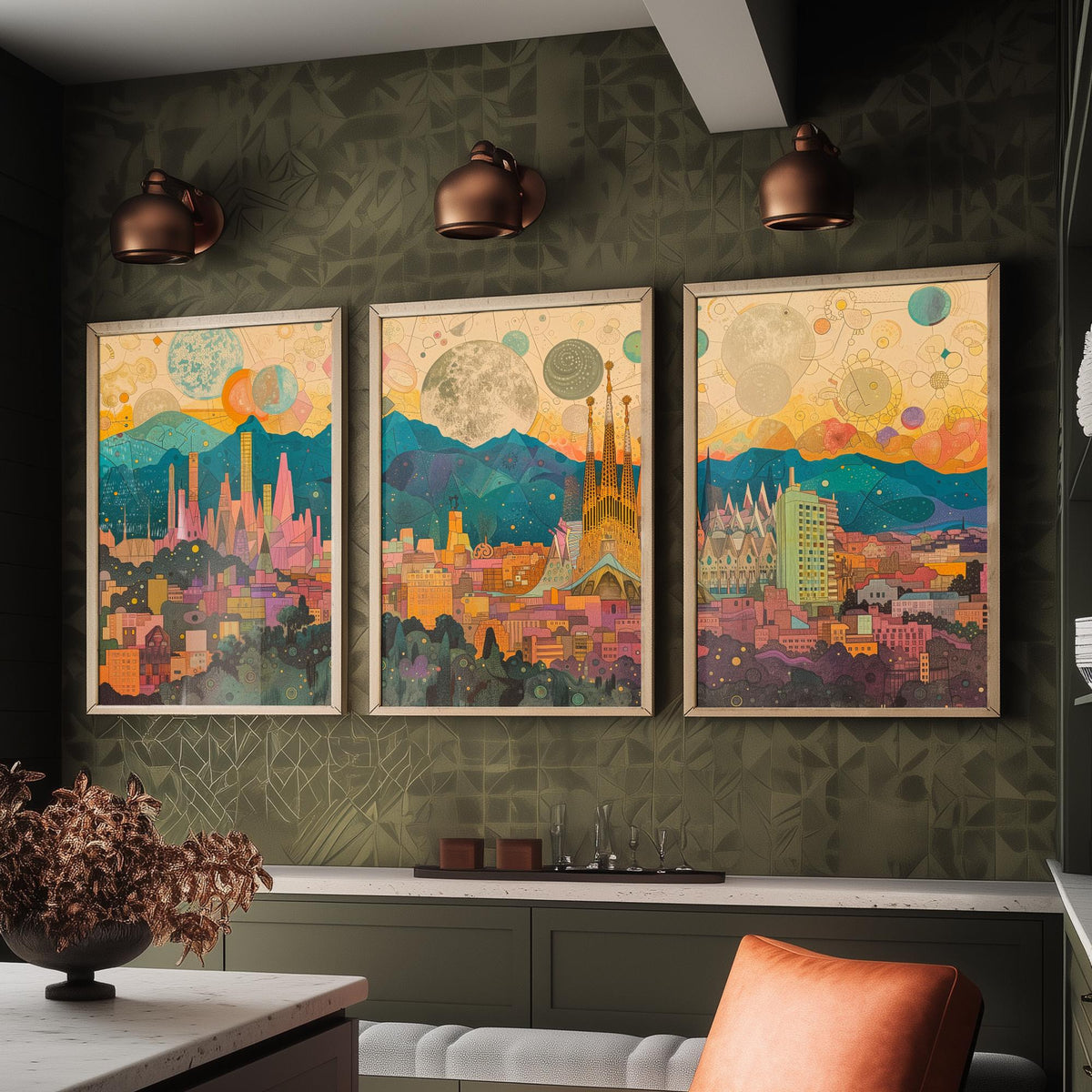 Barcelona Spain Skyline Set of Three Prints | Sagrada Familia Montjuic Tibidabo | Panoramic Cityscape Wall Art Poster Illustration