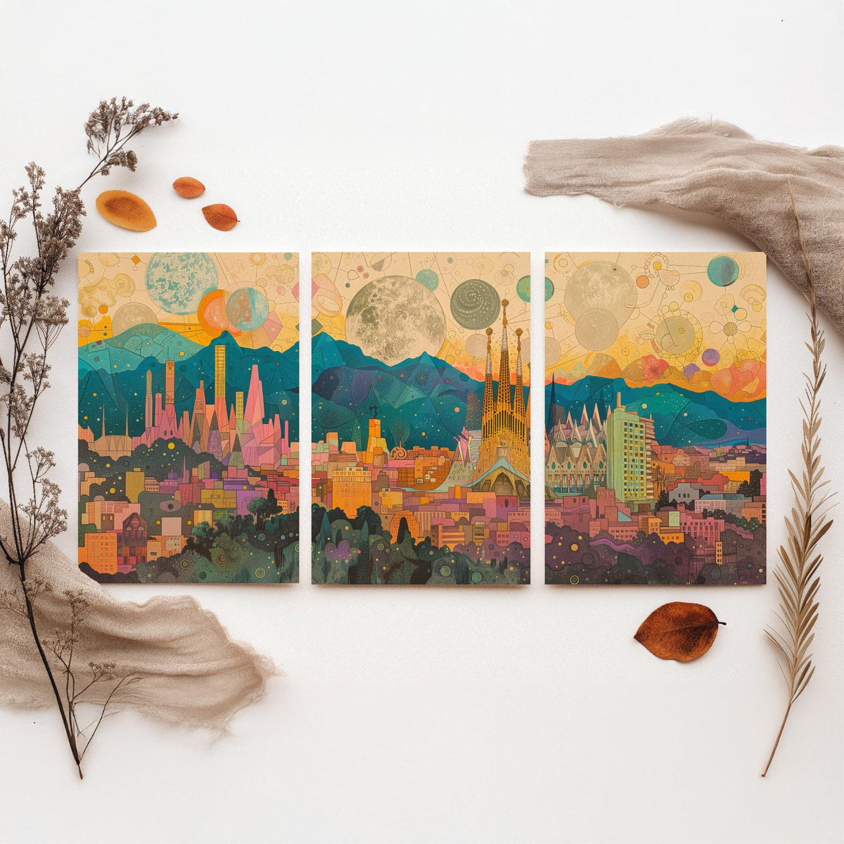 Barcelona Spain Skyline Set of Three Prints | Sagrada Familia Montjuic Tibidabo | Panoramic Cityscape Wall Art Poster Illustration