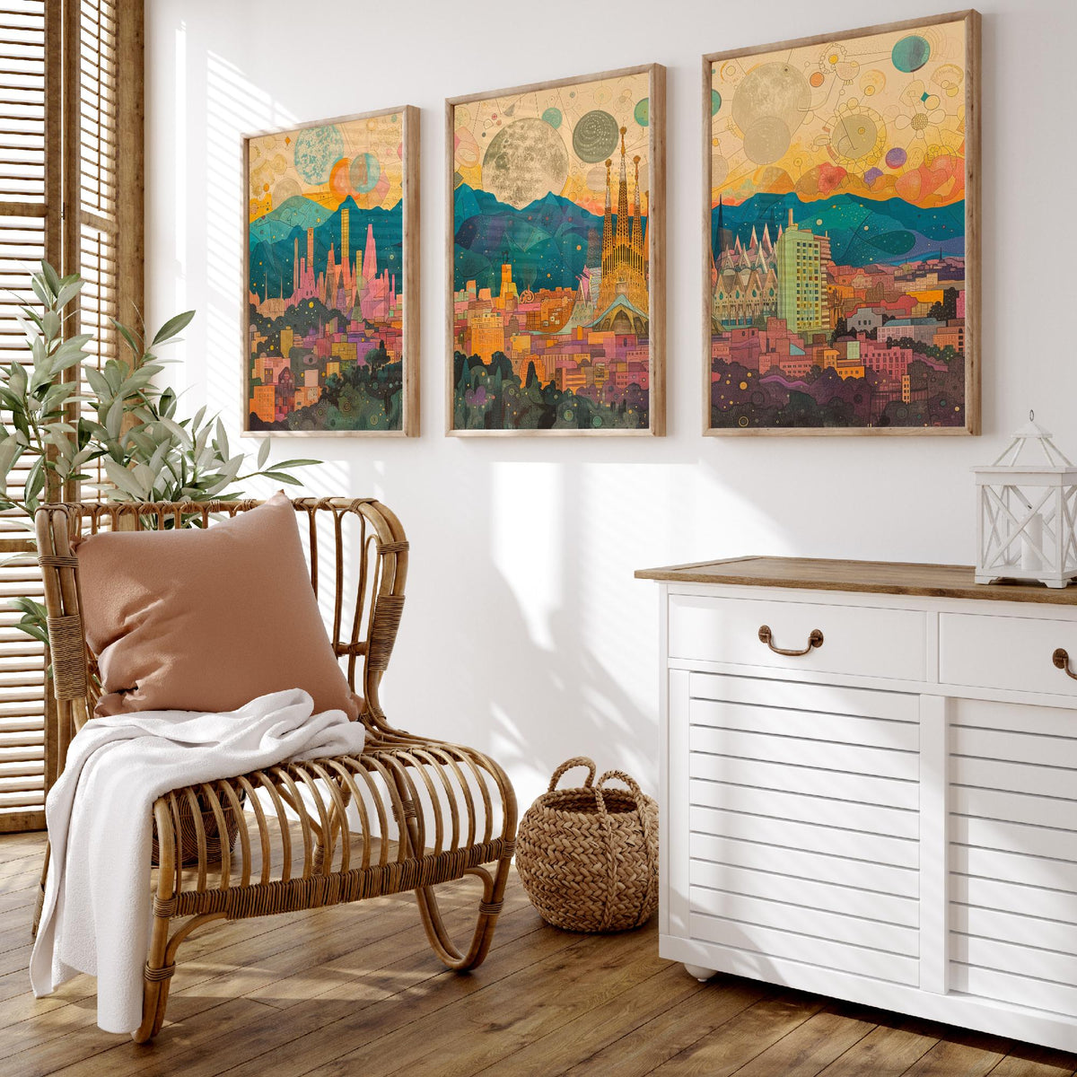 Barcelona Spain Skyline Set of Three Prints | Sagrada Familia Montjuic Tibidabo | Panoramic Cityscape Wall Art Poster Illustration
