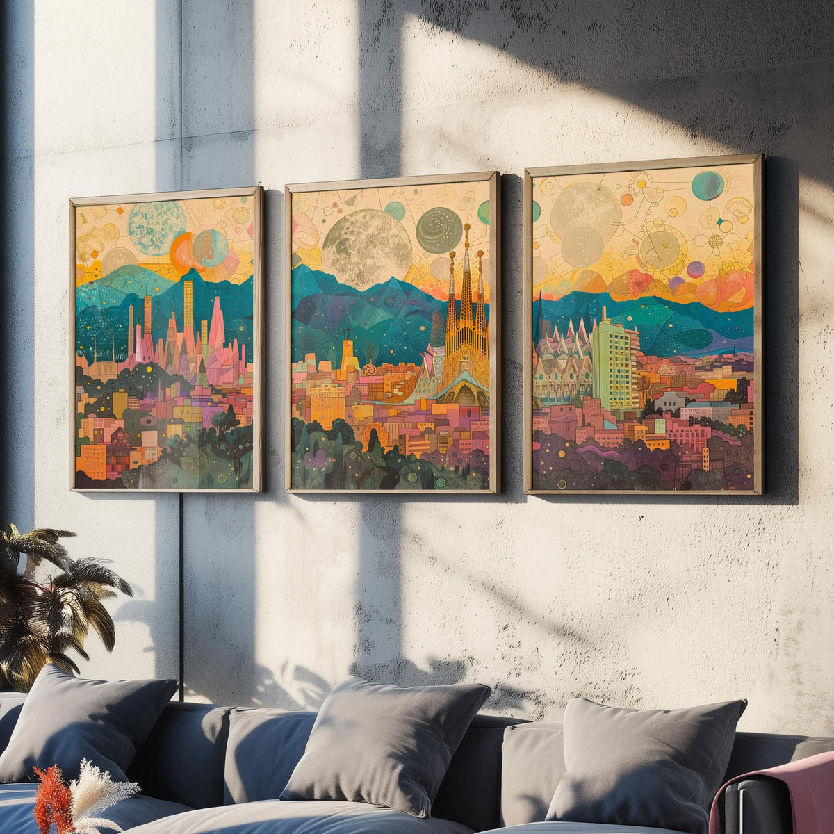 Barcelona Spain Skyline Set of Three Prints | Sagrada Familia Montjuic Tibidabo | Panoramic Cityscape Wall Art Poster Illustration
