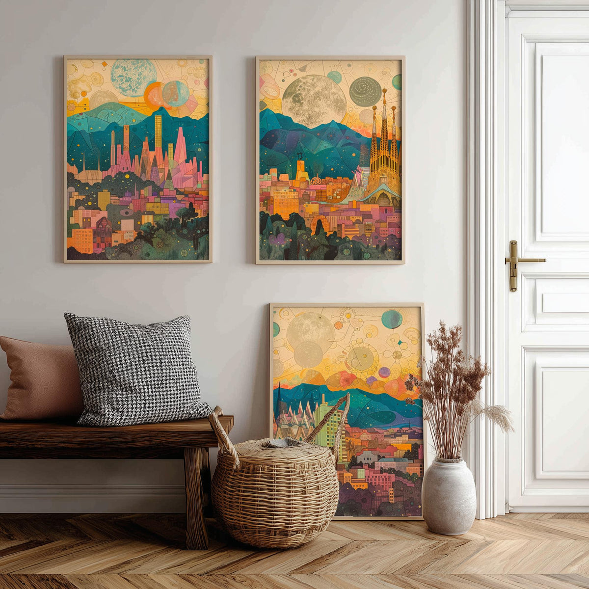 Barcelona Spain Skyline Set of Three Prints | Sagrada Familia Montjuic Tibidabo | Panoramic Cityscape Wall Art Poster Illustration