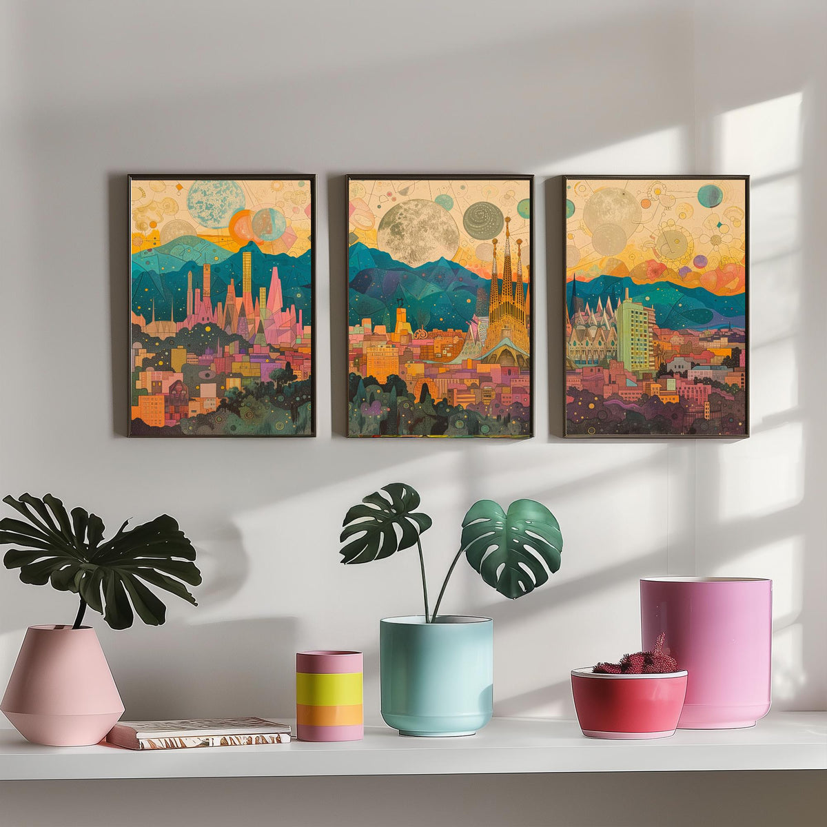 Barcelona Spain Skyline Set of Three Prints | Sagrada Familia Montjuic Tibidabo | Panoramic Cityscape Wall Art Poster Illustration
