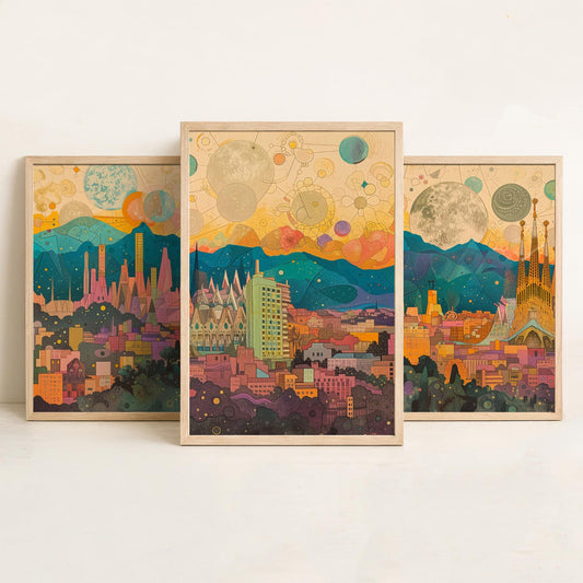 Barcelona Spain Skyline Set of Three Prints | Sagrada Familia Montjuic Tibidabo | Panoramic Cityscape Wall Art Poster Illustration