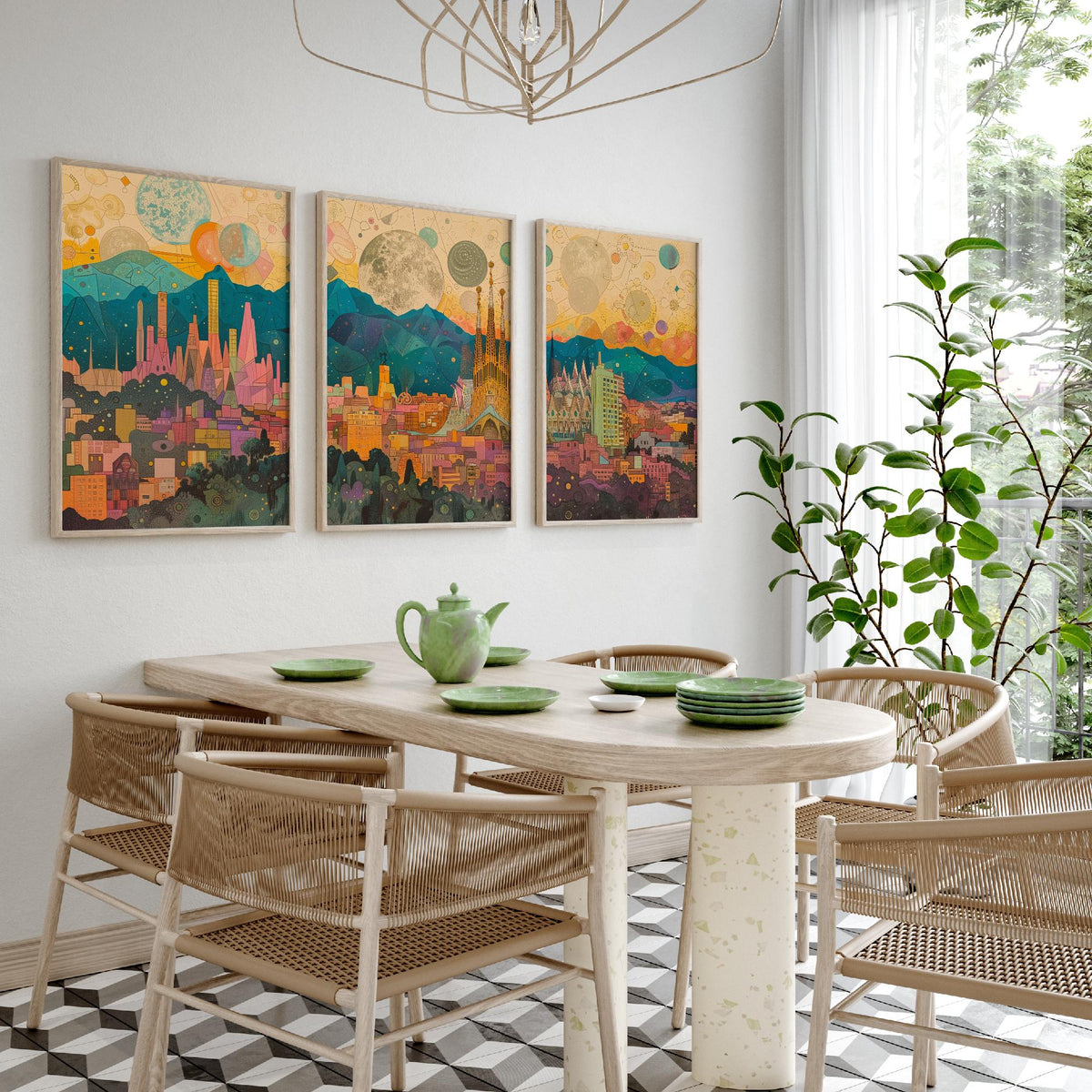 Barcelona Spain Skyline Set of Three Prints | Sagrada Familia Montjuic Tibidabo | Panoramic Cityscape Wall Art Poster Illustration