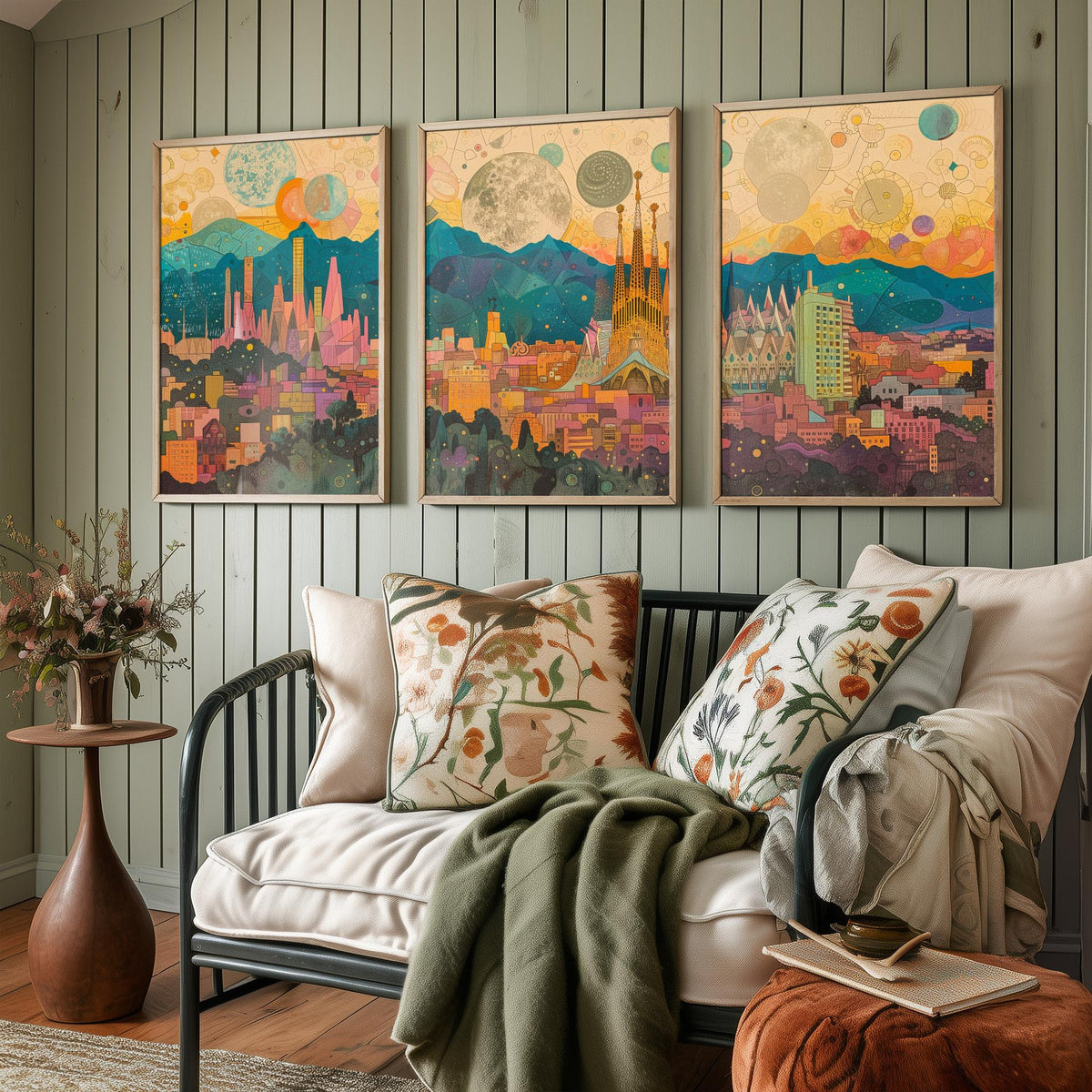 Barcelona Spain Skyline Set of Three Prints | Sagrada Familia Montjuic Tibidabo | Panoramic Cityscape Wall Art Poster Illustration