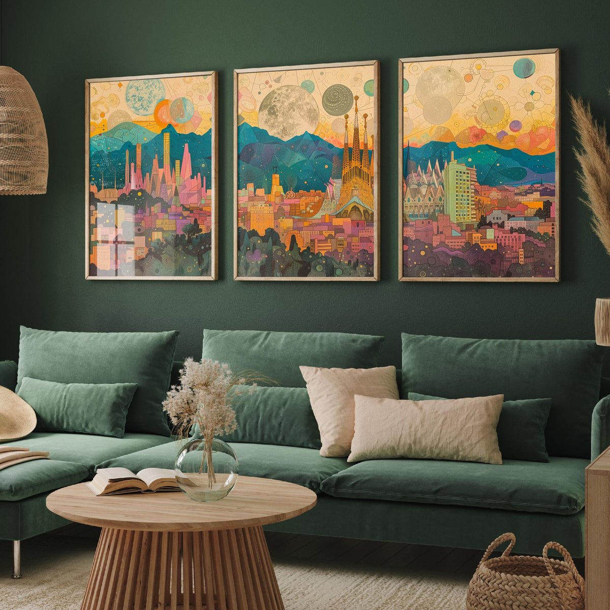 Barcelona Spain Skyline Set of Three Prints | Sagrada Familia Montjuic Tibidabo | Panoramic Cityscape Wall Art Poster Illustration