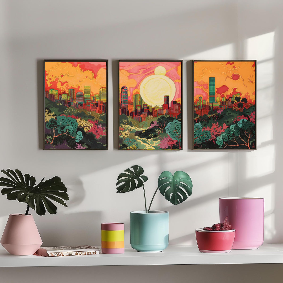 Beijing China Skyline Set of Three Prints | China Zun CCTV Tower Sunset Cityscape | Panoramic Wall Art Poster Painting
