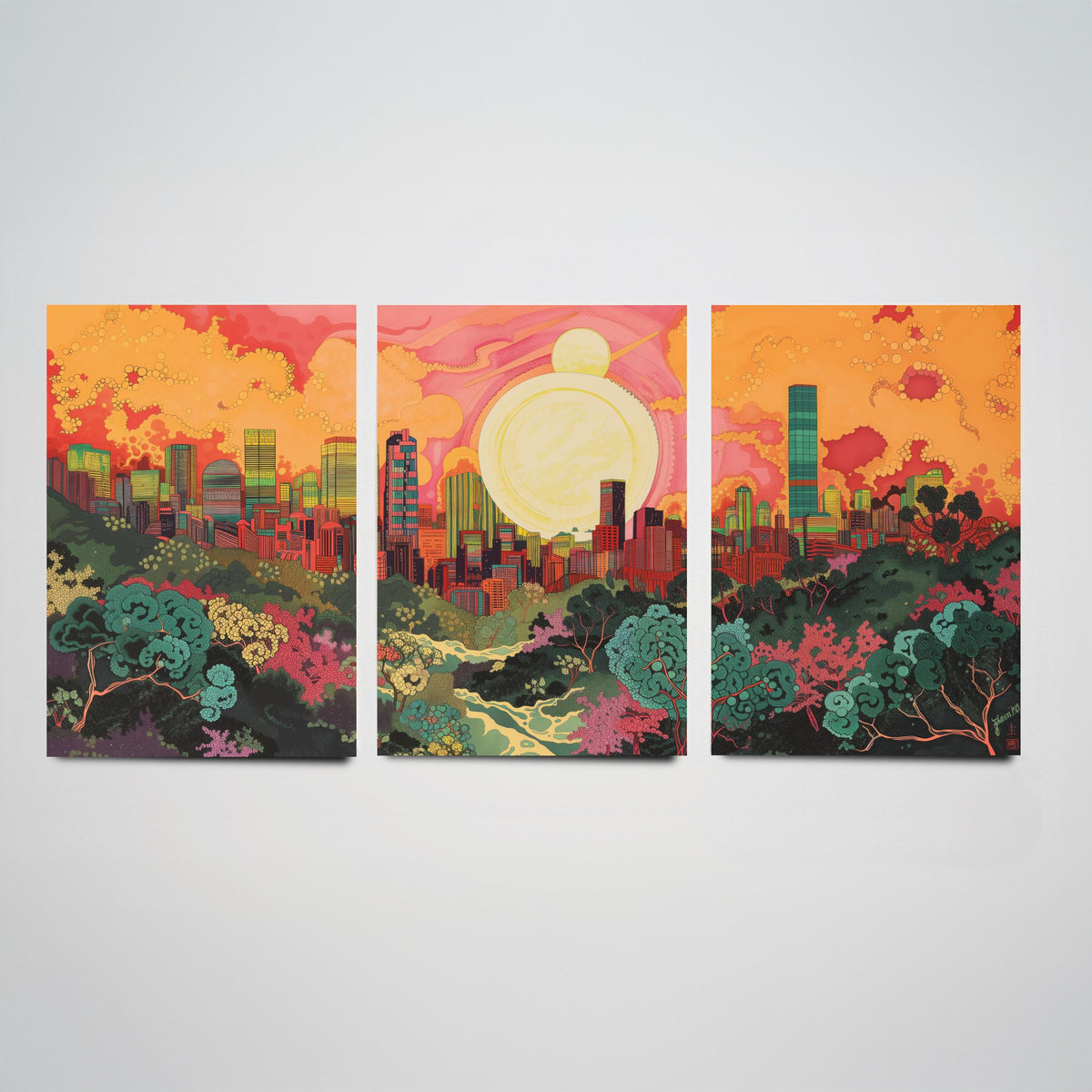 Beijing China Skyline Set of Three Prints | China Zun CCTV Tower Sunset Cityscape | Panoramic Wall Art Poster Painting