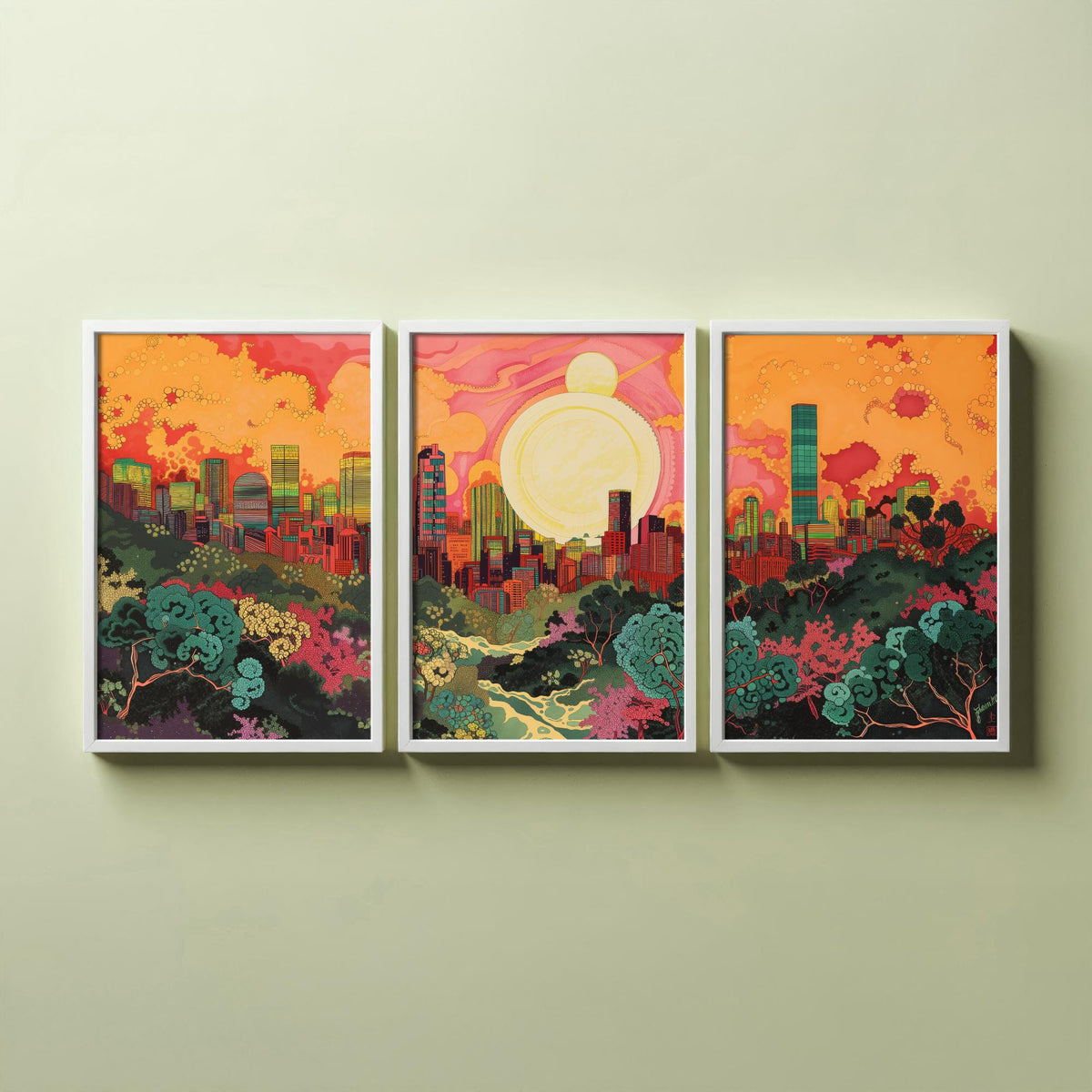 Beijing China Skyline Set of Three Prints | China Zun CCTV Tower Sunset Cityscape | Panoramic Wall Art Poster Painting