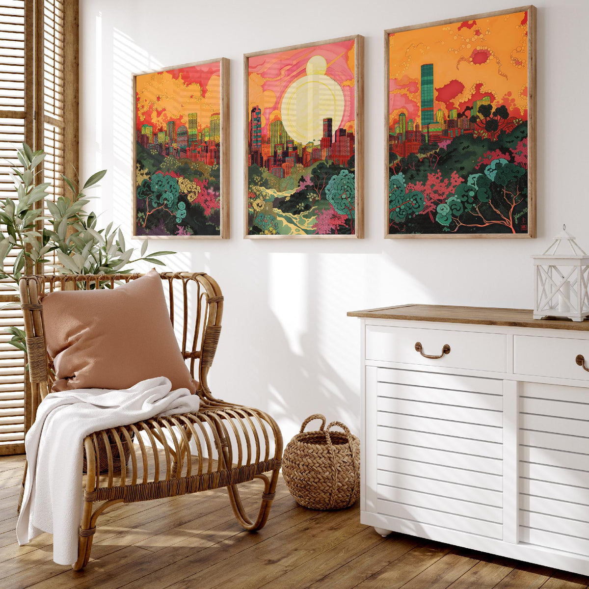 Beijing China Skyline Set of Three Prints | China Zun CCTV Tower Sunset Cityscape | Panoramic Wall Art Poster Painting