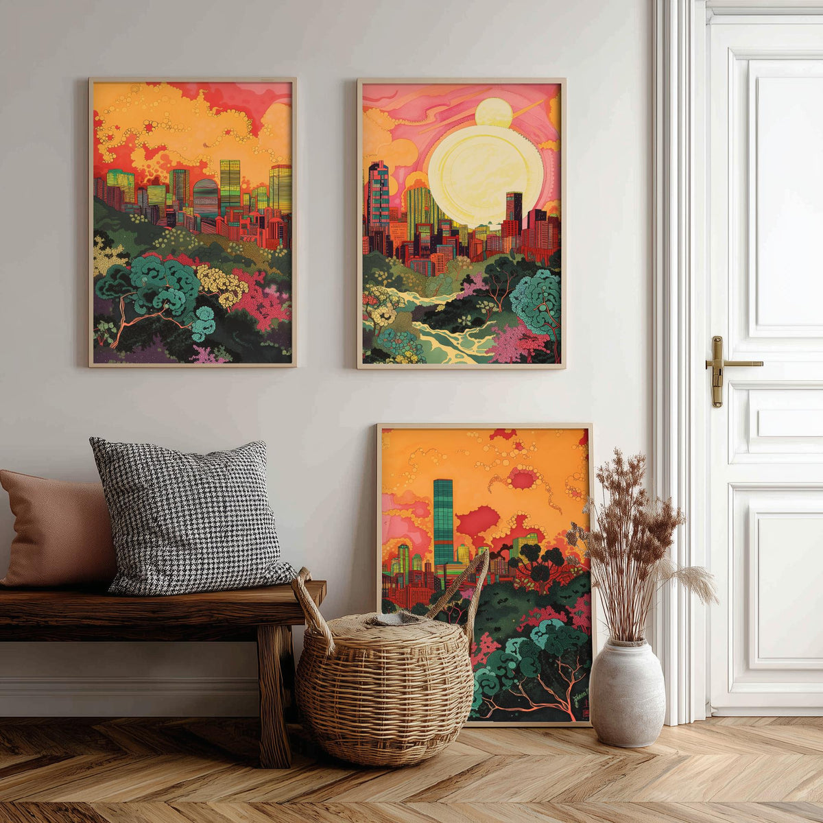 Beijing China Skyline Set of Three Prints | China Zun CCTV Tower Sunset Cityscape | Panoramic Wall Art Poster Painting