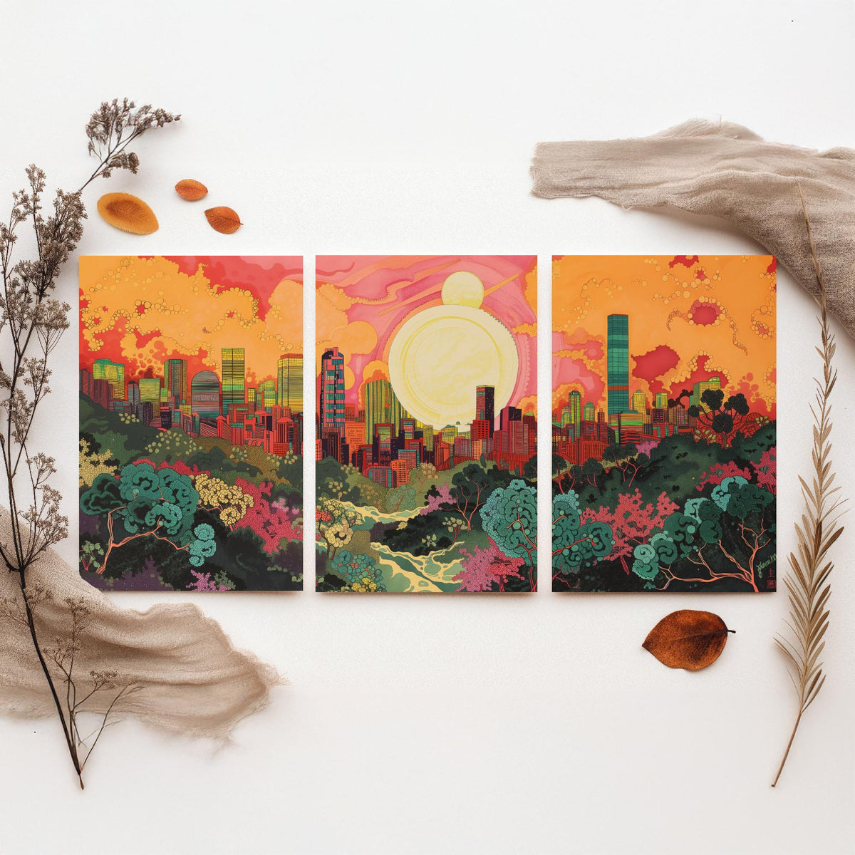 Beijing China Skyline Set of Three Prints | China Zun CCTV Tower Sunset Cityscape | Panoramic Wall Art Poster Painting