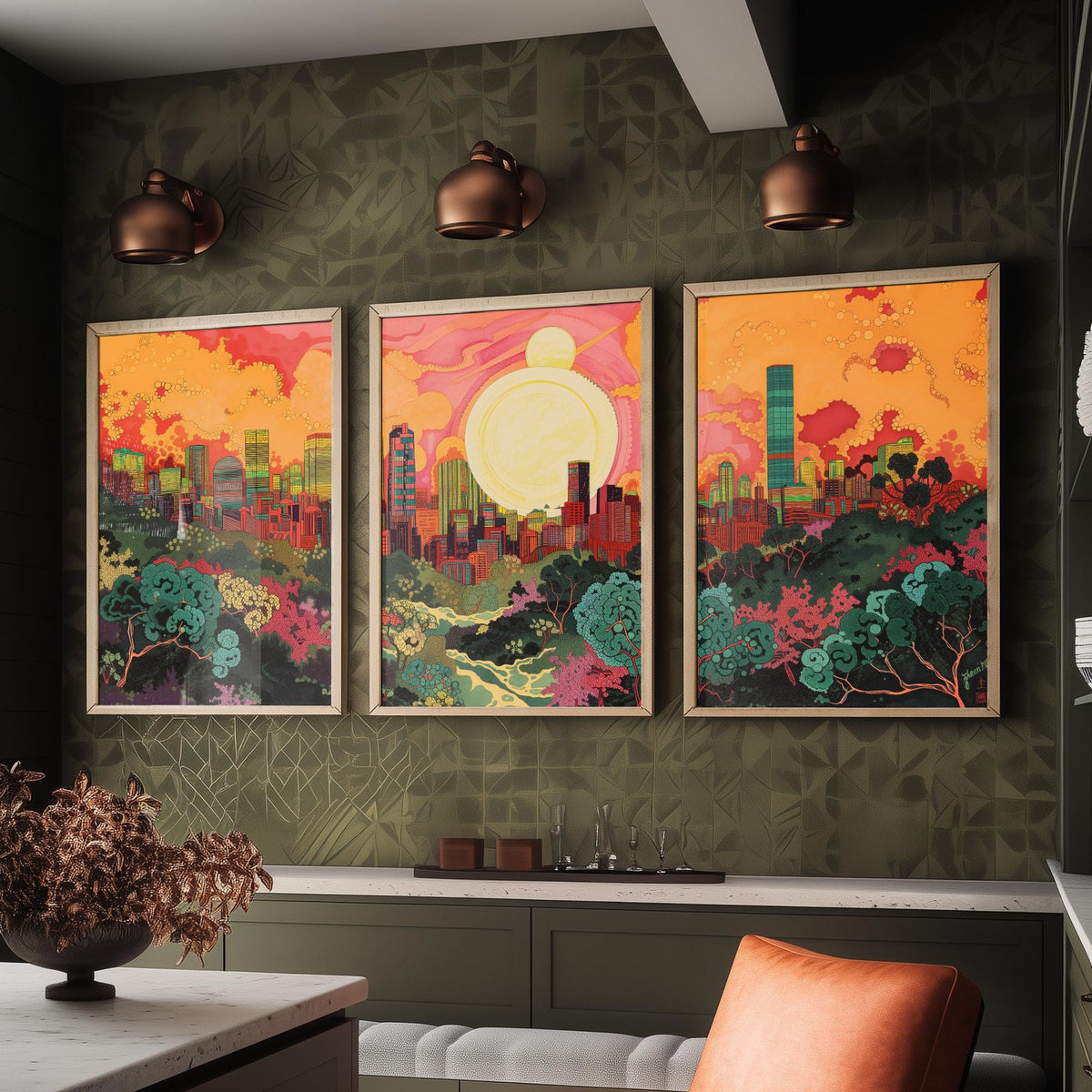 Beijing China Skyline Set of Three Prints | China Zun CCTV Tower Sunset Cityscape | Panoramic Wall Art Poster Painting