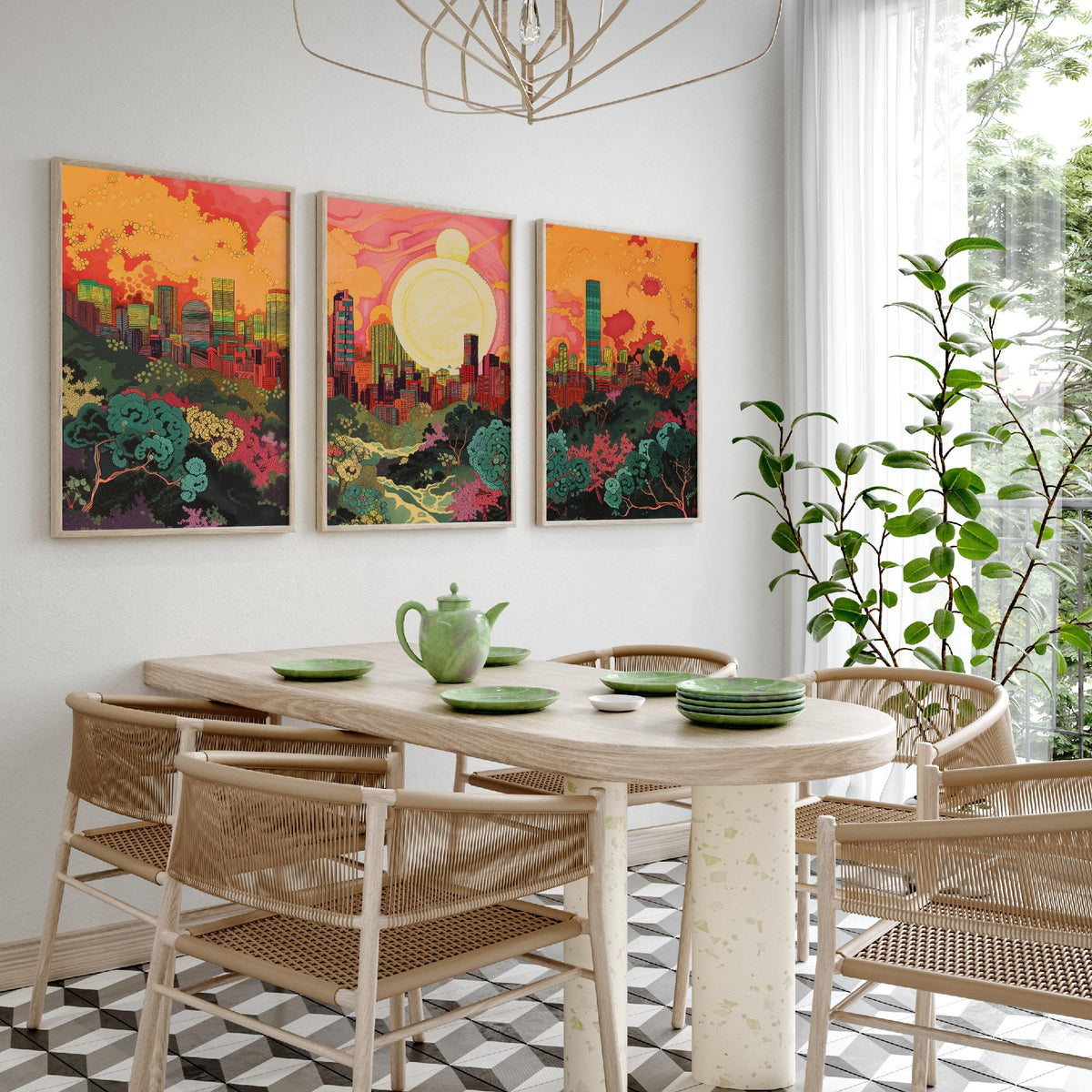 Beijing China Skyline Set of Three Prints | China Zun CCTV Tower Sunset Cityscape | Panoramic Wall Art Poster Painting