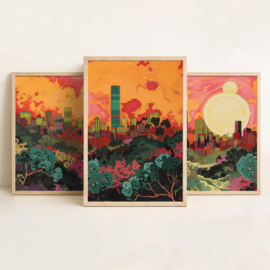 Beijing China Skyline Set of Three Prints | China Zun CCTV Tower Sunset Cityscape | Panoramic Wall Art Poster Painting