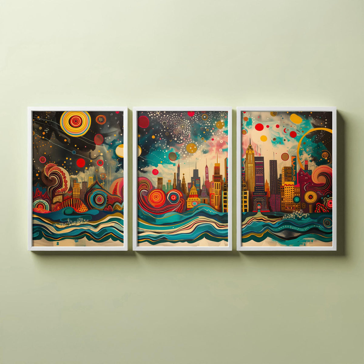 Chicago USA Skyline Set of Three Prints | Willis Tower Hancock Center Night Sky | Panoramic Cityscape Wall Art Poster Painting