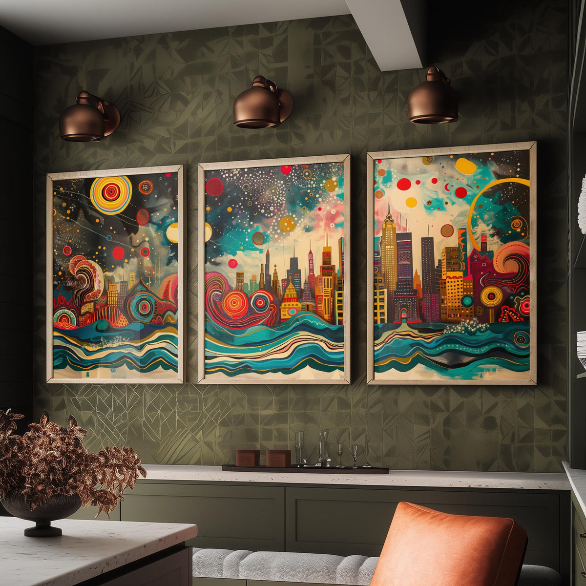 Chicago USA Skyline Set of Three Prints | Willis Tower Hancock Center Night Sky | Panoramic Cityscape Wall Art Poster Painting
