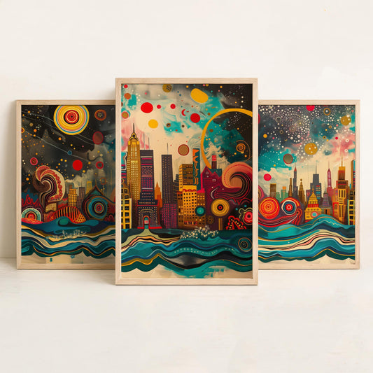 Chicago USA Skyline Set of Three Prints | Willis Tower Hancock Center Night Sky | Panoramic Cityscape Wall Art Poster Painting